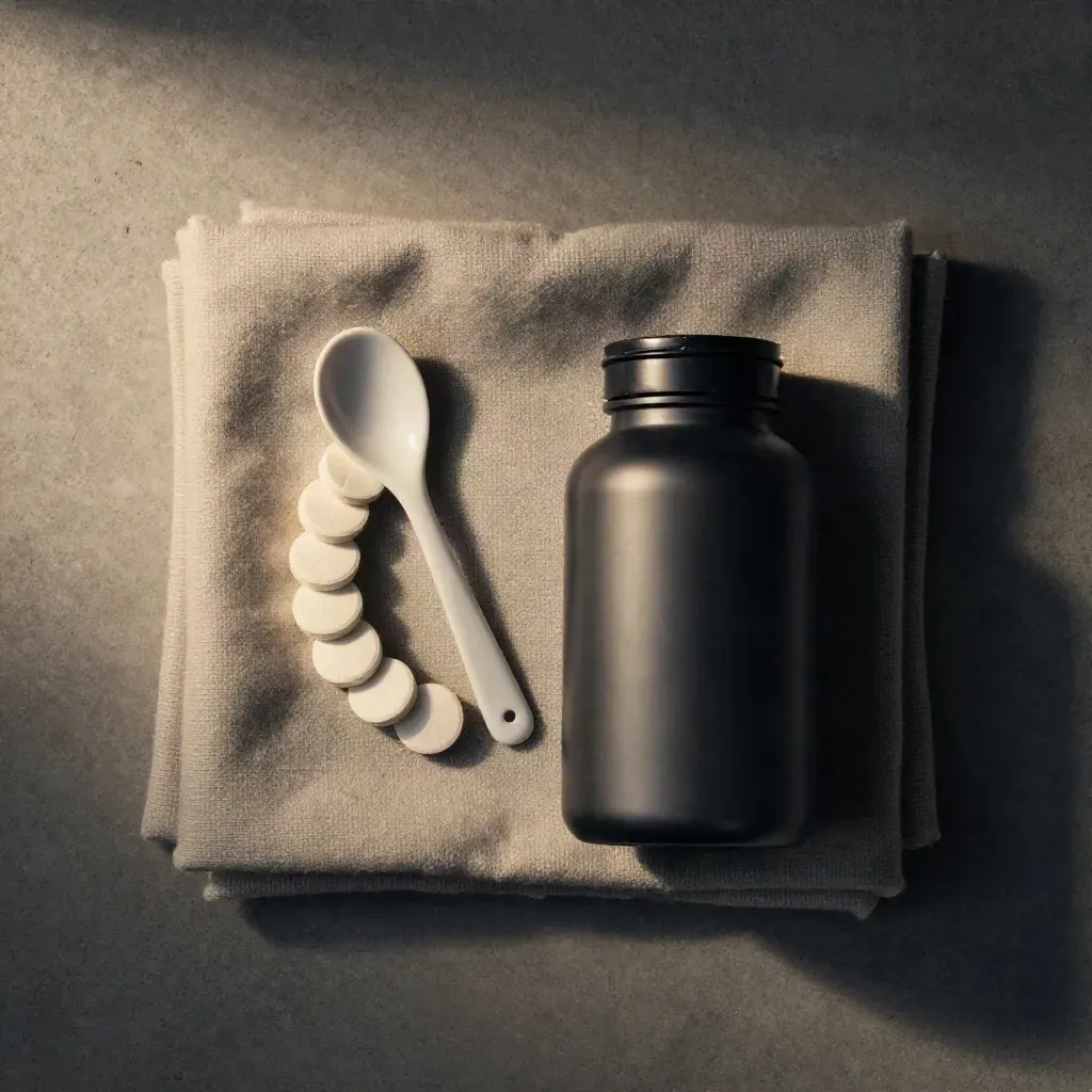 Magnesium bottle in stone cashmere with spoon and curved tablets, top-down.