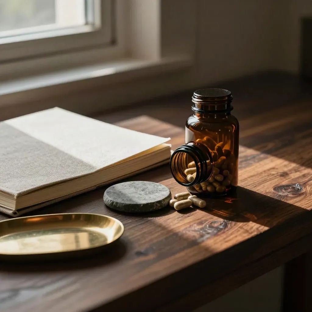 Dark herbal supplement bottle beside linen notebook and brass tray on a study ledge.