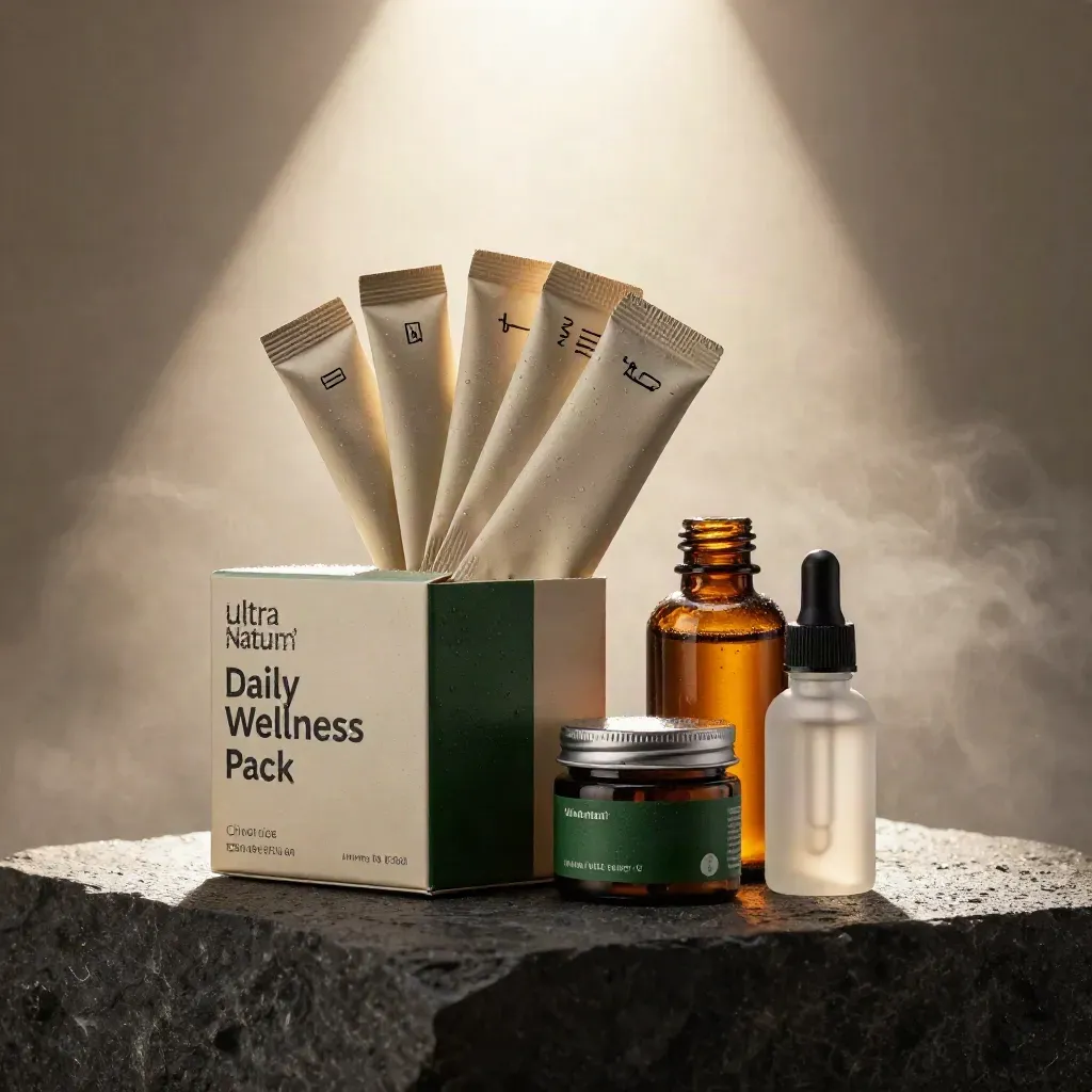Daily wellness pack with sachets and bottles on a dark stone plinth at dawn