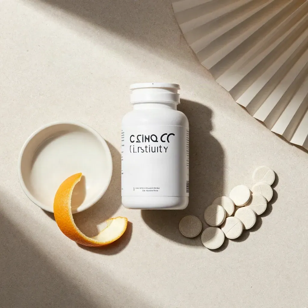 Overhead flatlay of a pale supplement bottle, tablets, citrus peel curls, and ceramic dish on limestone.